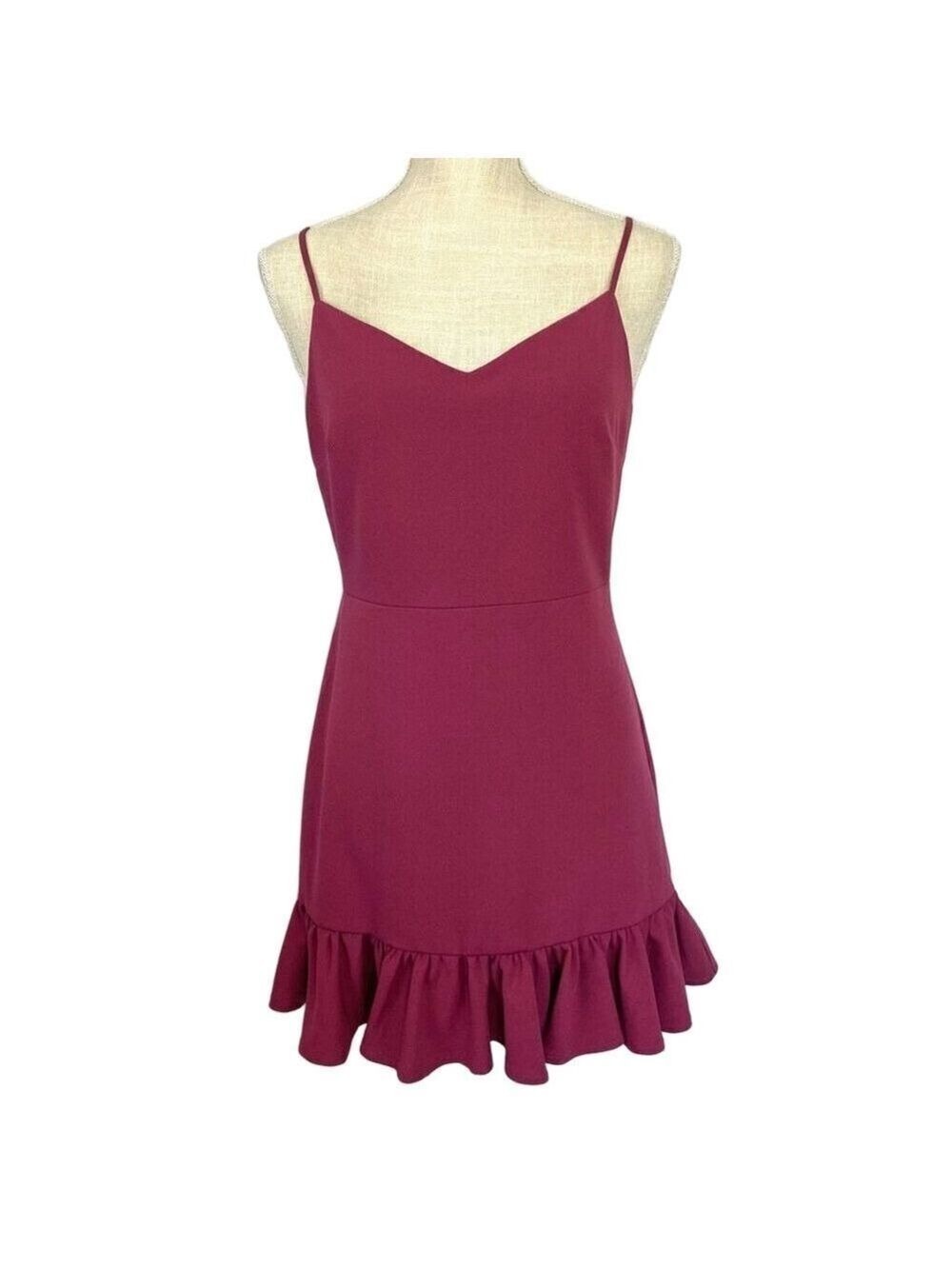 1. STATE Ruffle Hem Mini Short Dress in Berry Spaghetti Straps Women’s 6